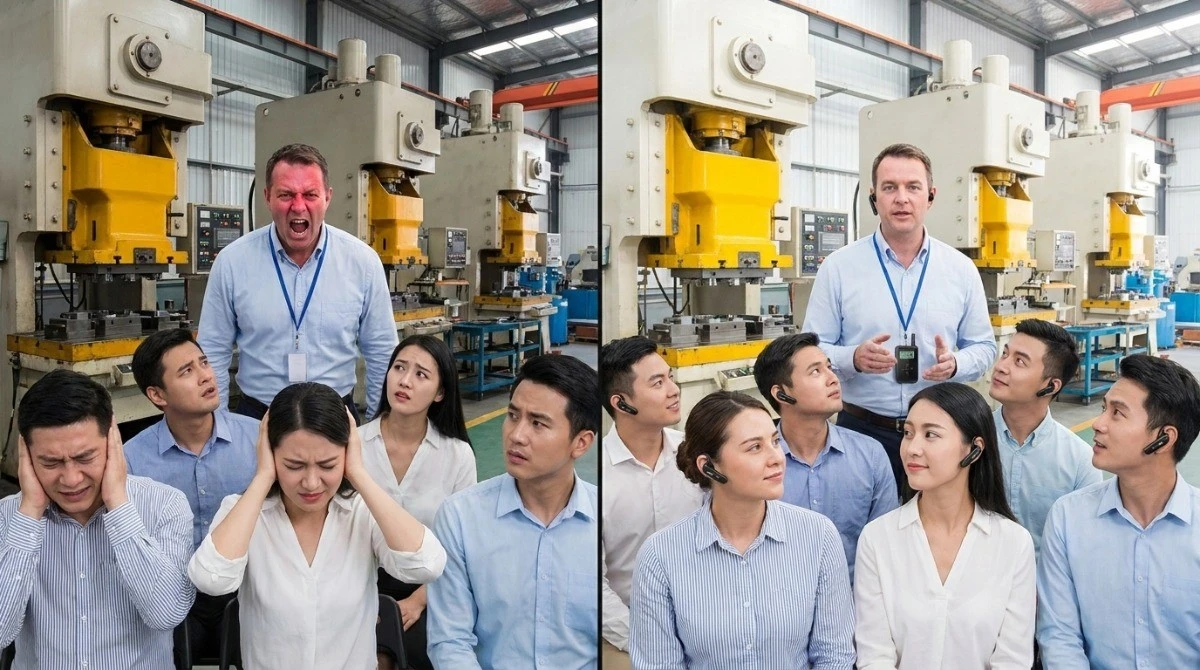 Factory noise environment explanation comparison traditional loudspeaker vs wireless tour guide system Factory noise environment explanation comparison traditional loudspeaker vs wireless tour guide system